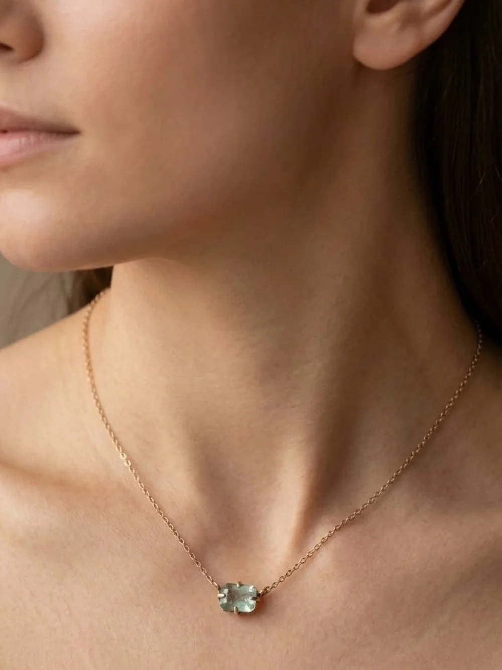 Emerald-Cut Seafoam Green Stone Necklace – Delicate Gold Chain